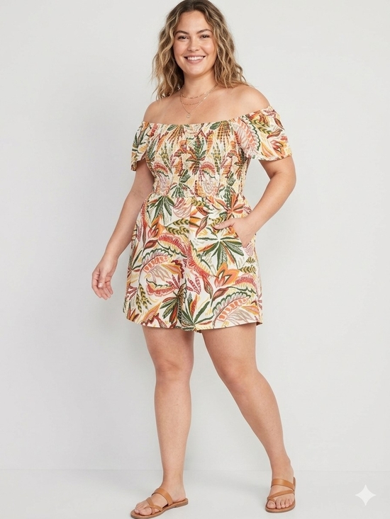 Derek Heart Pants - Derek Heart Tropical Smocked Off-Shoulder Romper Plus Size 1X Floral